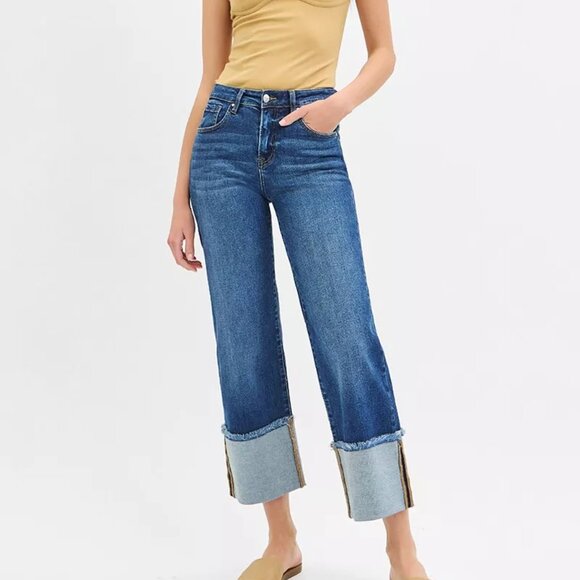 RISEN Full Size Mid Rise Crop Wide Wide Cuffed Jeans Plus Size - Picture 1 of 7